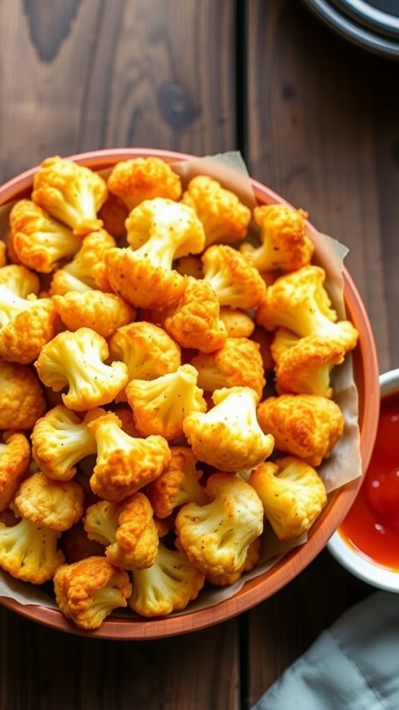 Crispy Air Fryer Cauliflower Bites Crispy air fryer cauliflower bites served in a bowl with a dipping sauce on a wooden table.